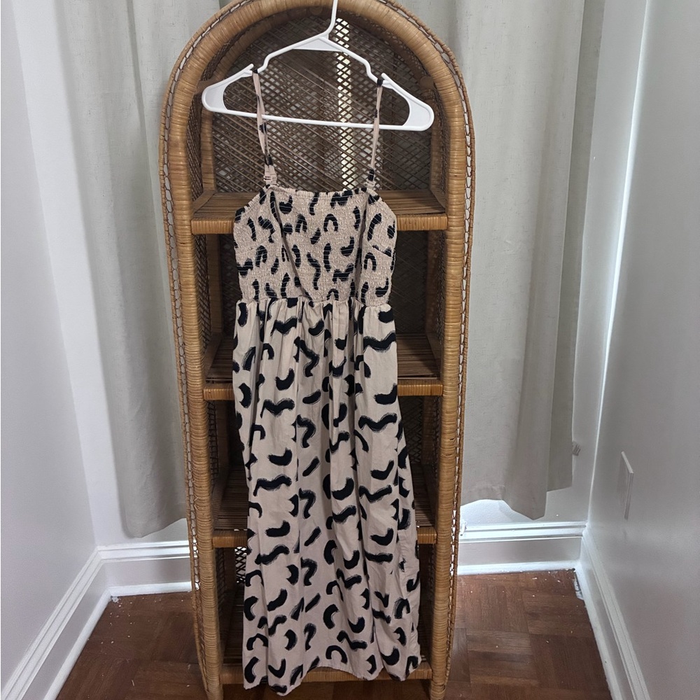 Beige and Black Animal Print Smocked Dress
